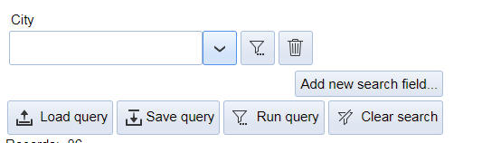 In this example, the City field was defined as a combolist list control, so it has a button to open a picklist of choices. In addition, since the Save query button is shown if the Allow save query option is enabled.
